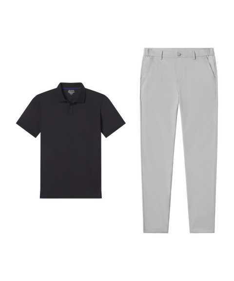 Outfit flat lay: black polo paired with Jetsetter Tech Pant, slim fit, in Ice Gray