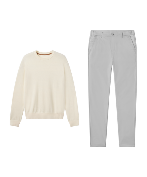 Outfit flat lay: cream Anytime Crewneck Sweater paired with Jetsetter Tech Pant, slim fit, in Ice Gray