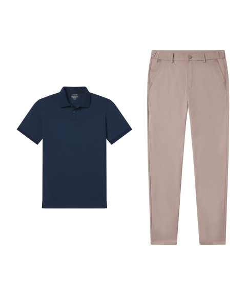 Outfit flat lay: navy Clubhouse Pique Polo paired with Jetsetter Tech Pant, slim fit, in Oak Khaki