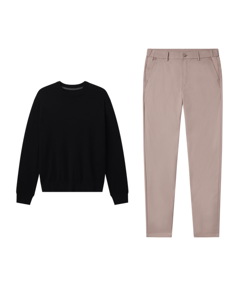 Outfit flat lay: black crewneck sweatshirt paired with Jetsetter Tech Pant, slim fit, in Oak Khaki
