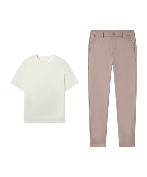Outfit flat lay: Ecru tee paired with Jetsetter Tech Pant, slim fit, in Oak Khaki