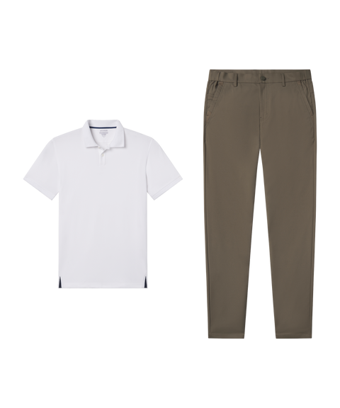 Outfit flat lay: white Clubhouse Pique Polo paired with Jetsetter Tech Pant, slim fit, in Olive Green