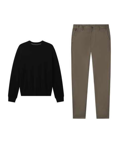 Outfit flat lay: black crewneck sweatshirt paired with Jetsetter Tech Pant, slim fit, in Olive Green