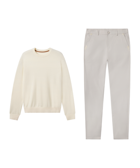 Outfit flat lay: cream Anytime Crewneck Sweater paired with Jetsetter Tech Pant, slim fit, in Sand Stone