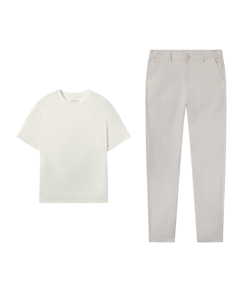 Outfit flat lay: Ecru tee paired with Jetsetter Tech Pant, slim fit, in Sand Stone