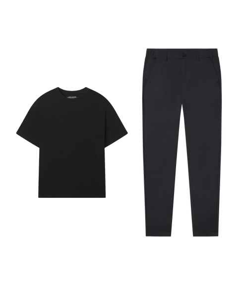 Outfit flat lay: black tee paired with Jetsetter Tech Pant, slim fit, in Space Black