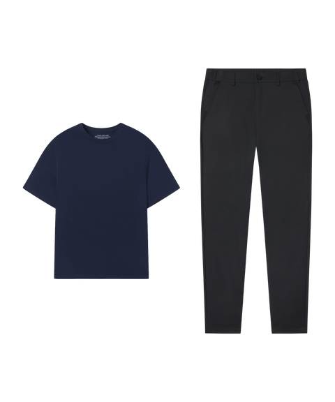 Outfit flat lay: navy tee paired with Jetsetter Tech Pant, slim fit, in Space Black