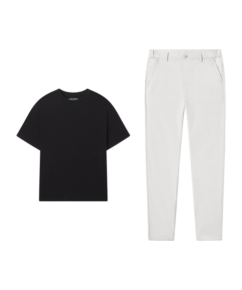 Outfit flat lay: black tee paired with Jetsetter Tech Pant, slim fit, in True White