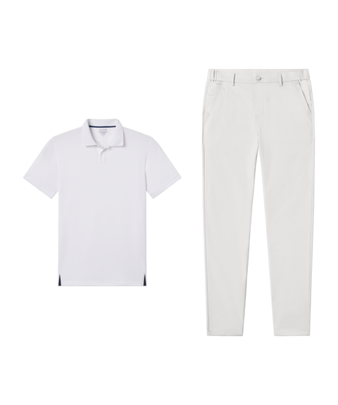 Outfit flat lay: white Clubhouse Pique Polo paired with Jetsetter Tech Pant, slim fit, in True White