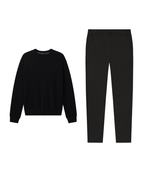 Outfit flat lay: black crewneck sweatshirt paired with Jetsetter Tech Pant, slim fit, in True Black