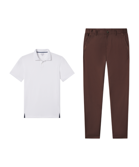 Outfit flat lay: white Clubhouse Pique Polo paired with Jetsetter Tech Pant, straight fit, in Bourbon Brown
