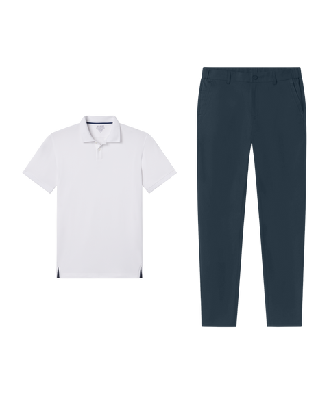 Outfit flat lay: white Clubhouse Pique Polo paired with Jetsetter Tech Pant, straight fit, in Deep Teal