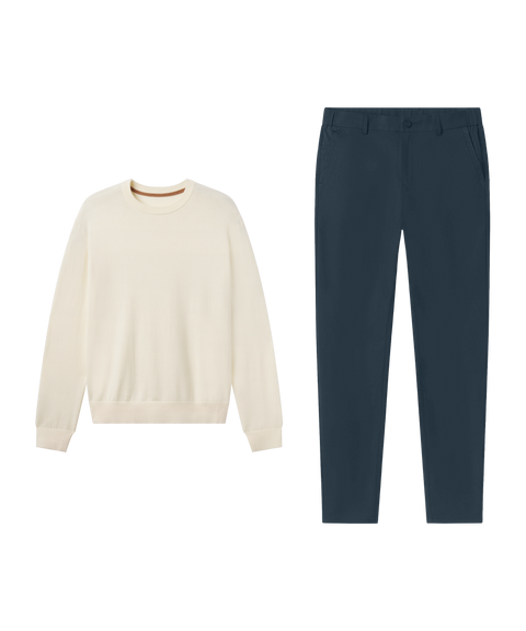 Outfit flat lay: cream Anytime Crewneck Sweater paired with Jetsetter Tech Pant, straight fit, in Deep Teal