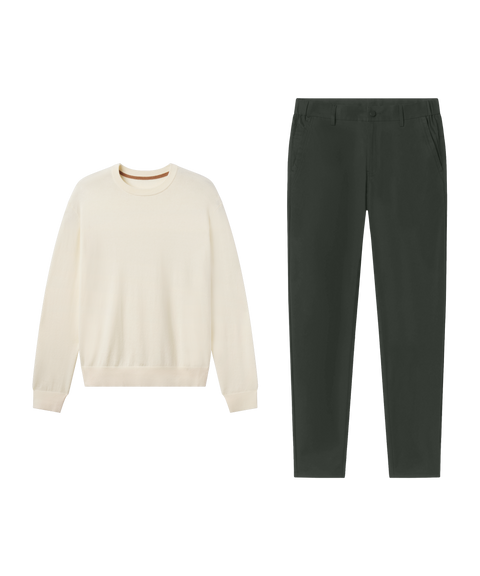 Outfit flat lay: cream Anytime Crewneck Sweater paired with Jetsetter Tech Pant, straight fit, in Spruce Green
