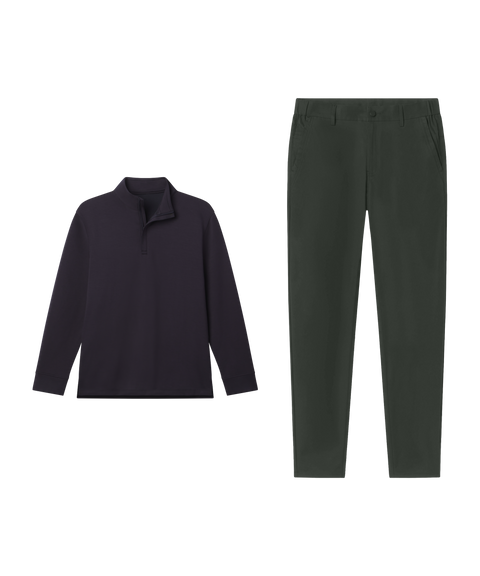 Outfit flat lay: black Jetsetter Quarter-Zip Sweater paired with Jetsetter Tech Pant, straight fit, in Spruce Green