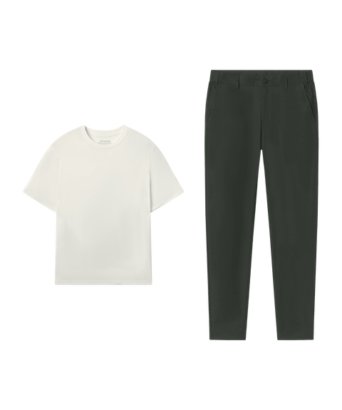 Outfit flat lay: Ecru tee paired with Jetsetter Tech Pant, straight fit, in Spruce Green