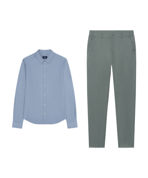 Business casual outfit flat lay: Chambray Blue Everywear Shirt with Jetsetter Tech Pant, straight fit, in Storm Green