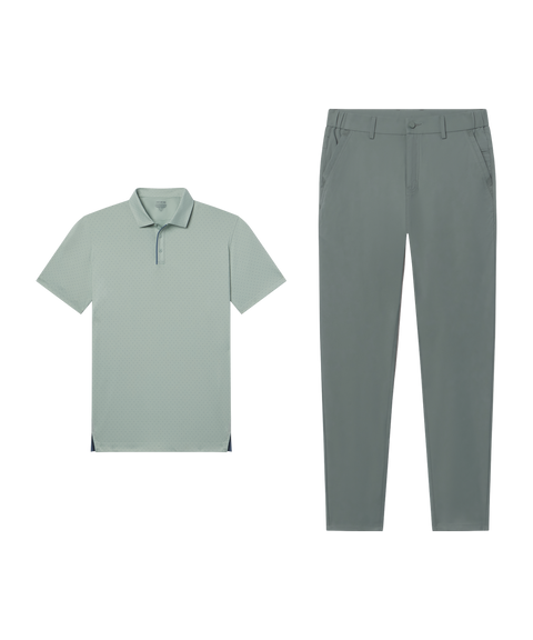 Golf outfit flat lay: sage green polo with Jetsetter Tech Pant, straight fit, in Storm Green