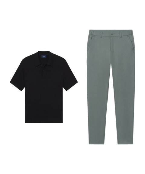 Travel outfit flat lay: black Clubhouse Pique Polo with Jetsetter Tech Pant, straight fit, in Storm Green