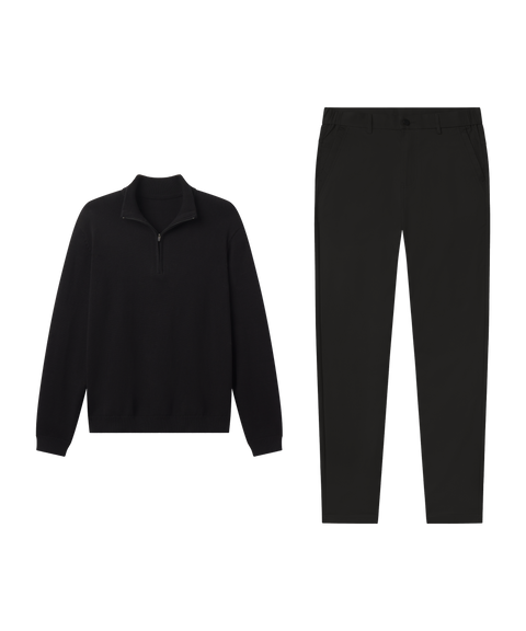 Outfit flat lay: black Jetsetter Quarter-Zip Sweater paired with Jetsetter Tech Pant, straight fit, in True Black