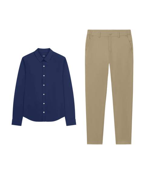 Outfit flat lay: Everywear Shirt in Navy with Jetsetter Tech Pant, straight fit, in True Khaki for travel