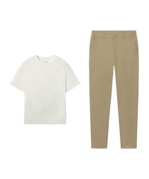 Outfit flat lay: Jetsetter Tee in Ecru with Jetsetter Tech Pant, straight fit, in True Khaki for the weekend