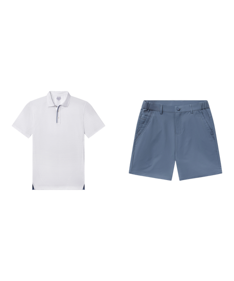 Outfit flat lay: white Clubhouse Performance Polo with Jetsetter Tech Short 7 inch in Bering Sea