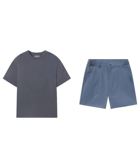 Charcoal gray crewneck tee paired with slate blue shorts, shown flat.