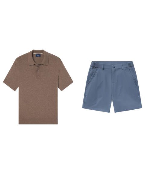 Mocha brown knit polo paired with slate blue shorts, shown flat.