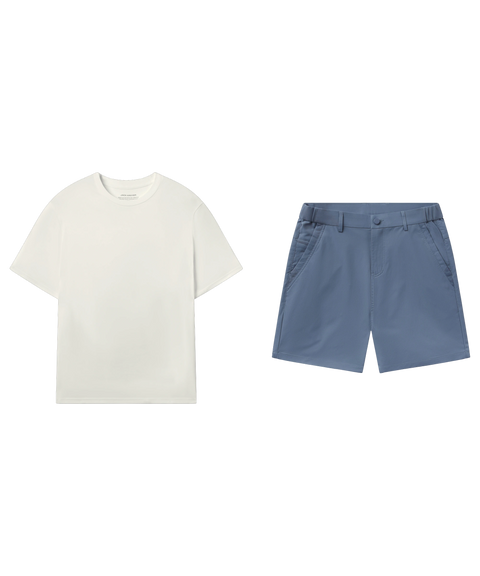 Ivory crewneck tee paired with dusty blue shorts, shown flat.