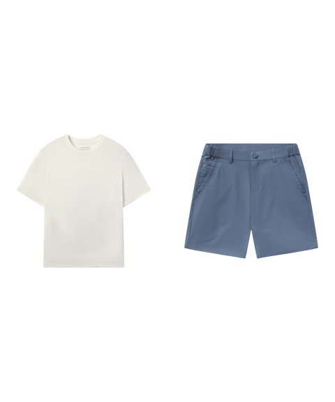Outfit flat lay: Jetsetter Tee in Ecru with Jetsetter Tech Short 7 inch in Bering Sea