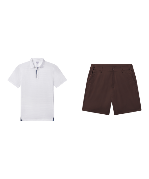 Outfit flat lay: white Clubhouse Performance Polo with Jetsetter Tech Short 7 inch in Bourbon Brown