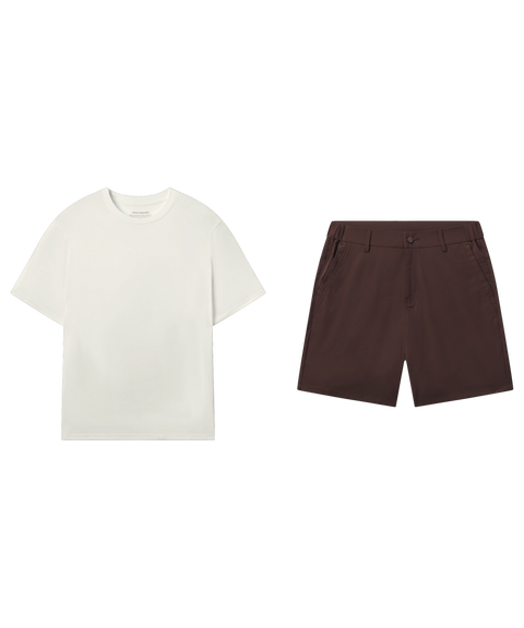 Off-white crewneck tee paired with dark brown shorts, shown flat.