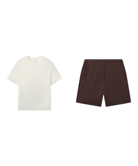 Outfit flat lay: Jetsetter Tee in Ecru with Jetsetter Tech Short 7 inch in Bourbon Brown