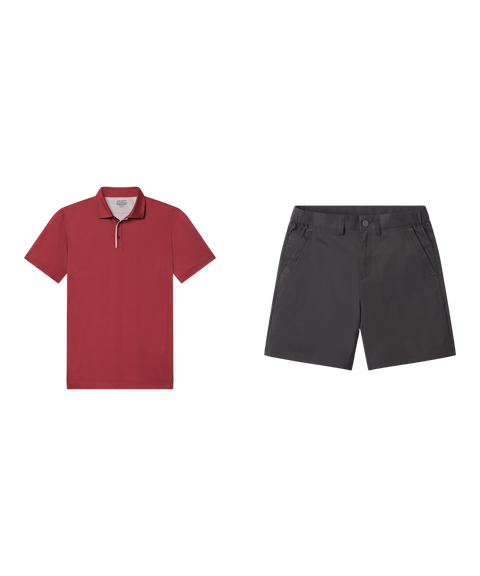 Golf outfit flat lay: Clubhouse Performance Polo in Red Brickline with Jetsetter Tech Short 7 inch in Charcoal Gray