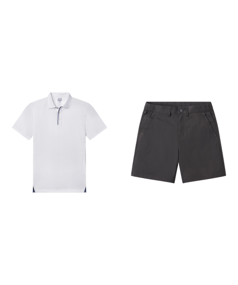 Outfit flat lay: white Clubhouse Performance Polo with Jetsetter Tech Short 7 inch in Charcoal Gray