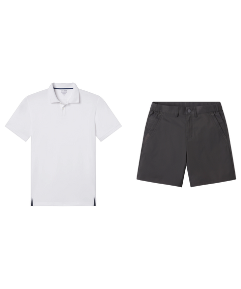 White knit polo paired with charcoal grey shorts, shown flat.