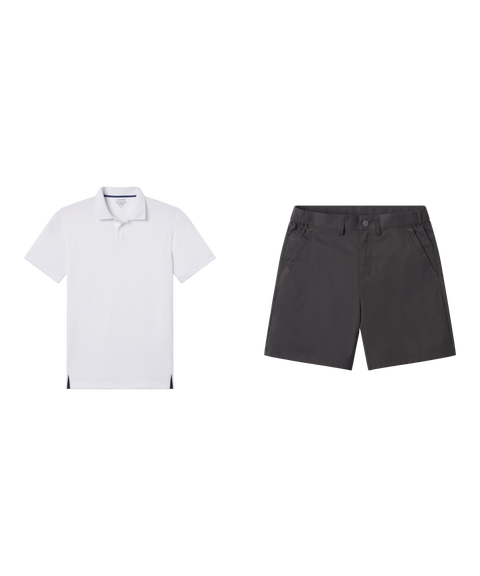 Outfit flat lay: white Clubhouse Performance Polo with Jetsetter Tech Short 7 inch in Charcoal Gray