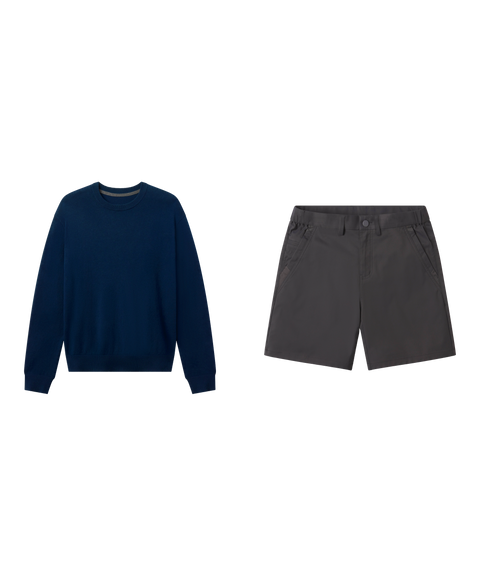 Weekend outfit flat lay: navy Anytime Crewneck Sweater with Jetsetter Tech Short 7 inch in Charcoal Gray