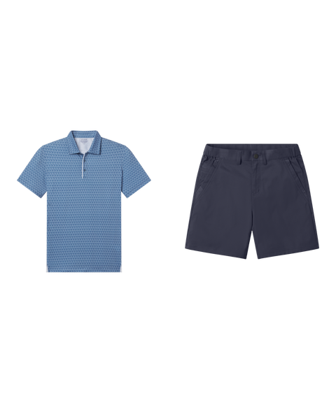 Golf outfit flat lay: light blue patterned performance polo with Jetsetter Tech Short 7 inch in Deep Blue