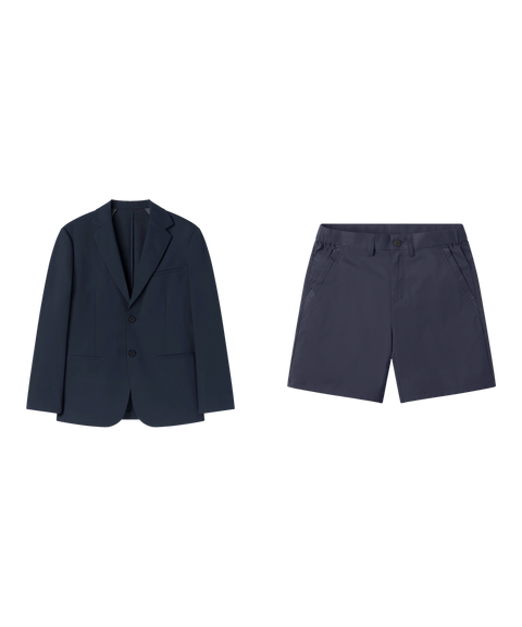 Outfit flat lay: Jetsetter Blazer in Deep Blue with Jetsetter Tech Short 7 inch in Deep Blue