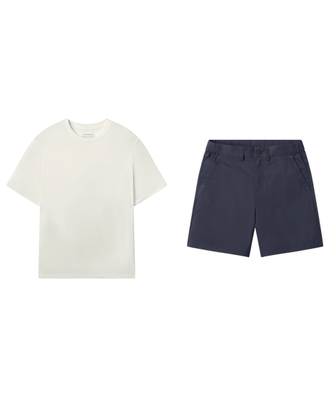 Ecru crewneck tee paired with deep blue flat-front shorts, shown flat.