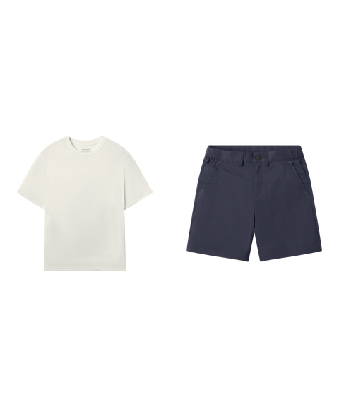 Outfit flat lay: Jetsetter Tee in Ecru with Jetsetter Tech Short 7 inch in Deep Blue