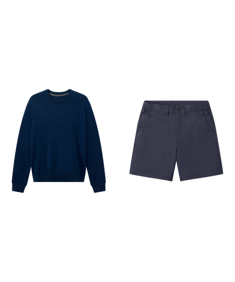 Weekend outfit flat lay: navy Anytime Crewneck Sweater with Jetsetter Tech Short 7 inch in Deep Blue