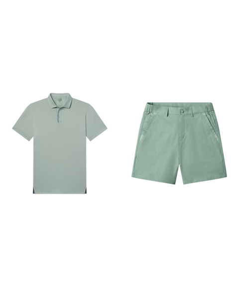 Outfit flat lay: sage green Clubhouse Performance Polo with Jetsetter Tech Short 7 inch in Sage Green