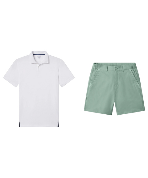 White performance polo paired with sage green flat-front shorts, shown flat.