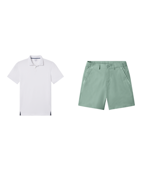 Outfit flat lay: white Clubhouse Performance Polo with Jetsetter Tech Short 7 inch in Sage Green