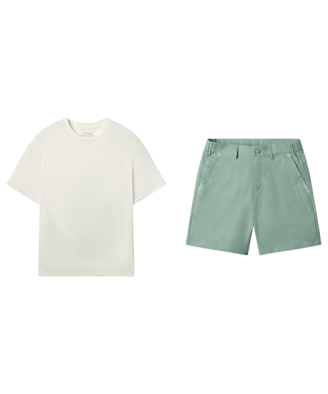 Off-white crewneck tee paired with sage green tech shorts.