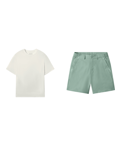 Outfit flat lay: Jetsetter Tee in Ecru with Jetsetter Tech Short 7 inch in Sage Green