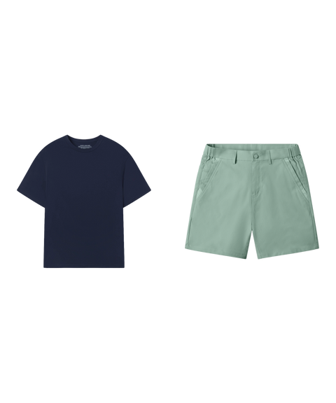 Outfit flat lay: Jetsetter Tee in Deep Blue with Jetsetter Tech Short 7 inch in Sage Green